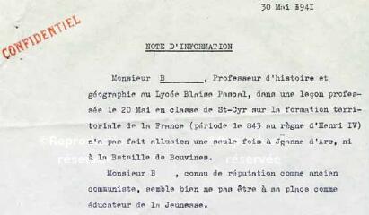 ouvrir dans la visionneuse : 1 vue Note confidentielle sur un professeur d'Histoire-Géographie (30 mai 1941).