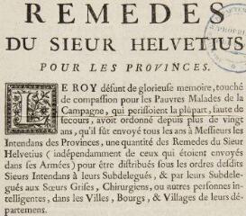 ouvrir dans la visionneuse : 1 vue Liste des remèdes du docteur Helvétius distribués dans les provinces du royaume.