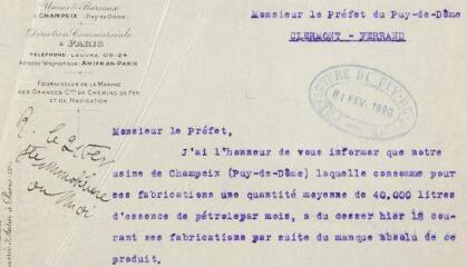 ouvrir dans la visionneuse : Courrier de la manufacture d'amiante de Champeix adressé au préfet afin d'obtenir du pétrole. 1920.