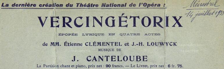 ouvrir dans la visionneuse : 1 vue Publicité pour le livret et la partition de l'opéra Vercingétorix dans Ménestrel, 14 juillet 1933.