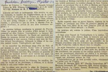 ouvrir dans la visionneuse : 1 vue Critiques de presse sur l'opéra Vercingétorix, d'E. Clémentel, dans Le Quotidien juridique, 1er juillet 1933.